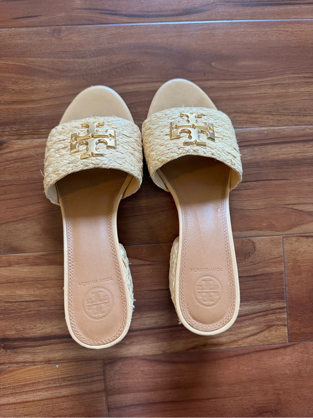 Tory Burch Natural Raffia Block Heels with Gold Logo